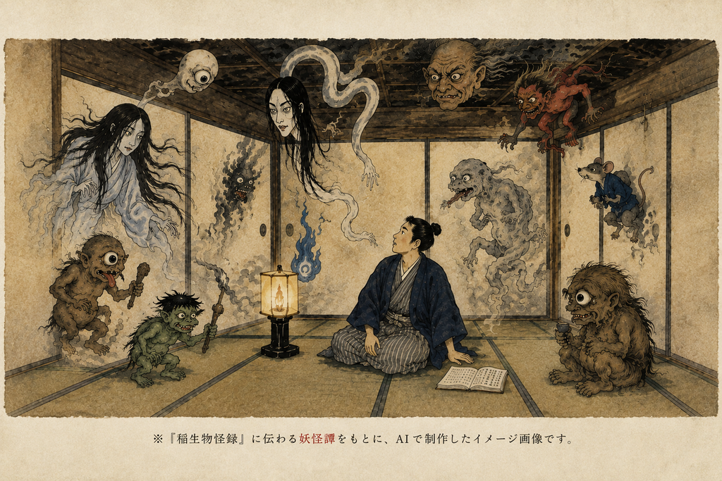 稲生物怪録の妖怪譚をもとにAIで制作したイメージ