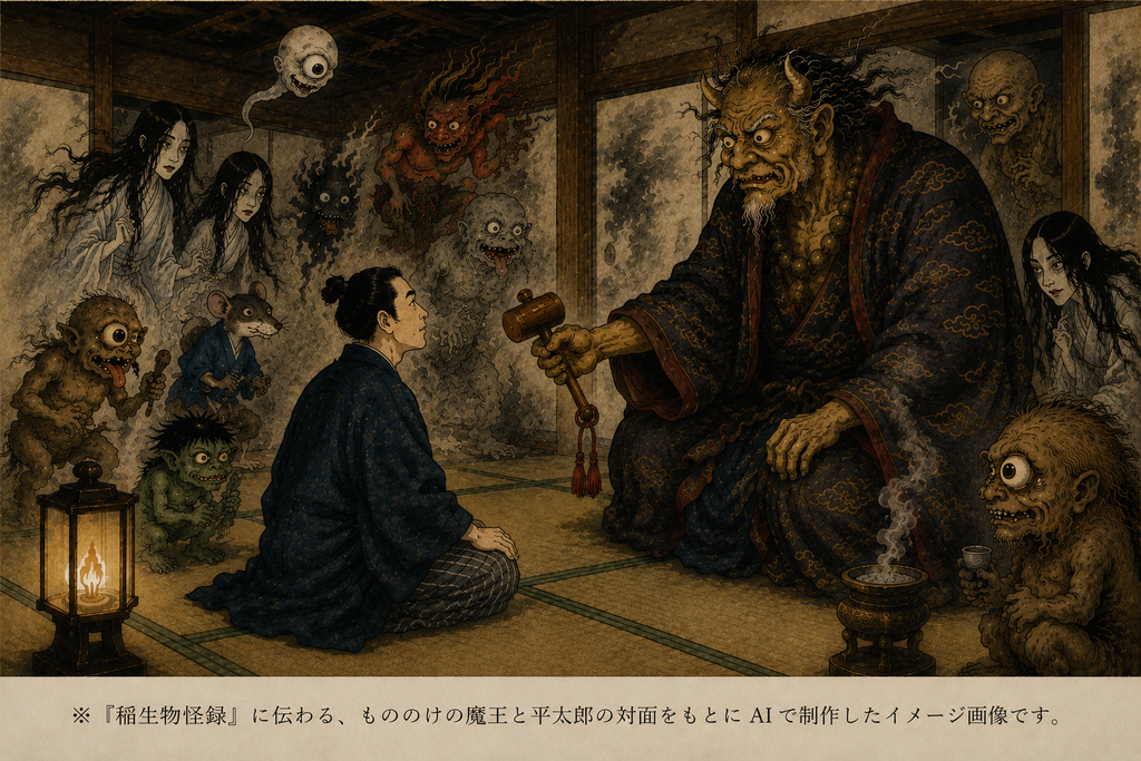 稲生物怪録のもののけの魔王と平太郎の対面をもとにAIで制作したイメージ