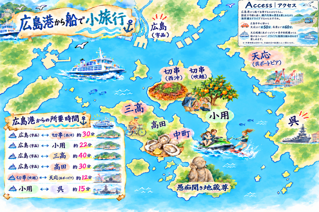 広島港から江田島・呉方面への航路と所要時間を紹介する水彩イラスト地図